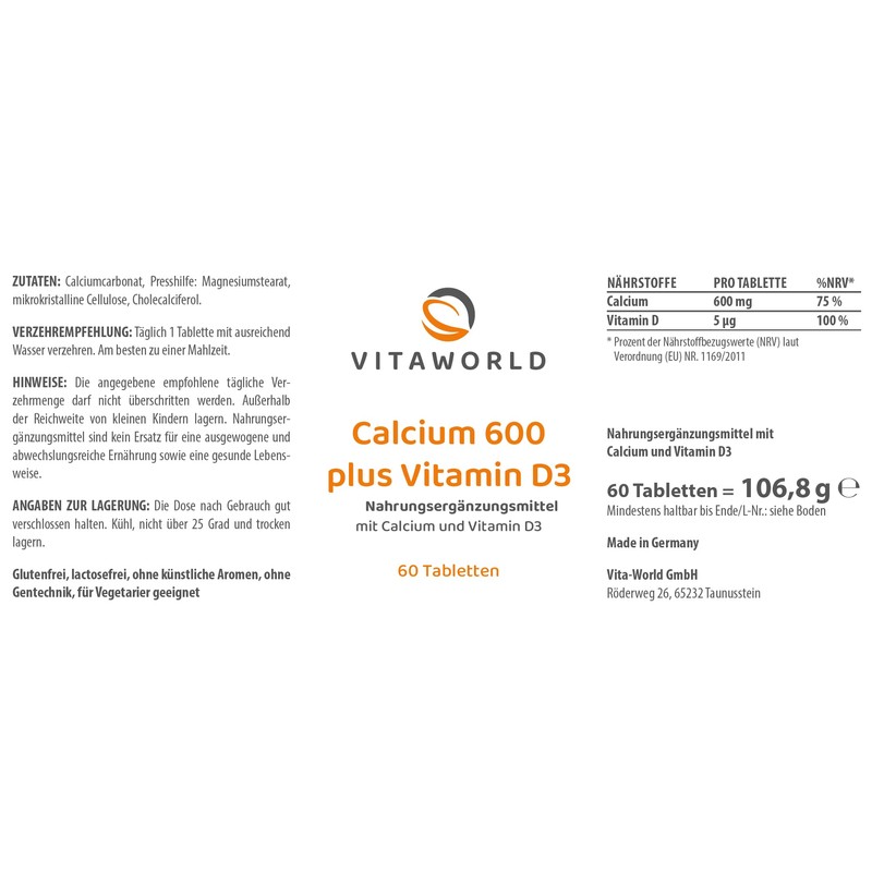 Vita World Calcium 600 mg + Vitamin D, 60 Tablets,