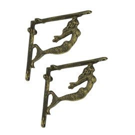 Set of 2 Brown Cast Iron Swimming Mermaid Metal Decorative Shelf Brackets - Coastal Decor Shelves Mounting Accent - 7.375 Inches Long - Nautical Inspired