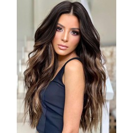 PORSMEER Long Brown Mixed Blonde Highlighted Wigs for Women,Omber Wavy Natural Looking Synthetic Heat Resistant Curly Hair Wig with Middle Part 24inch