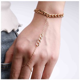 Yheakne Boho Curb Chain Finger Bracelet Gold Slave Bracelet Vintage Ring Bracelet Minimalist Ring Wrist Bracelet Retro Hand Harness Chain Jewelry for Women and Girls