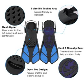 QKURT Snorkel Fins, Swimming Fins with Adjustable Buckles Open Heel, Diving Flippers for Men Women Youth Travel Size Short Fins for Snorkeling Diving Swimming