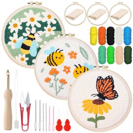 Woohome DIY Needle Punch Craft Embroidery, Punch Needle Set for Beginners, Embroidery Cloth with Pattern, Embroidery Hoop Threads, Instructions (Wasp and Butterflies)