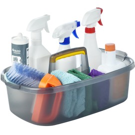Large Cleaning Caddy with Handle, Cleaning Tool Storage Basket Organizer, Sturdy Pail Bucket Organizer, Household Bucket for Cleaning Supplies - Clear Grey