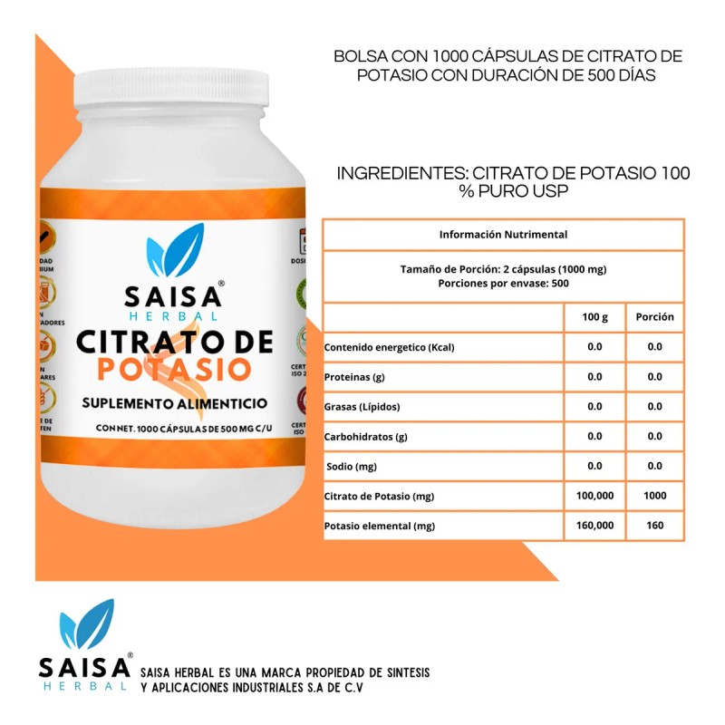 Citrato De Magnesio Y Citrato De Potasio 1000 Cáps C/u.