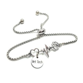 Vet Tech Paw Print Stainless Steel Adjustable Bracelet Jewelry Gift for Veterinary Technician