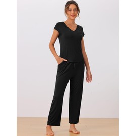 cheibear Womens Short Sleeve Modal Casual Set Pajama 2 Piece Loungewear Long Pants Sweatsuit Black M