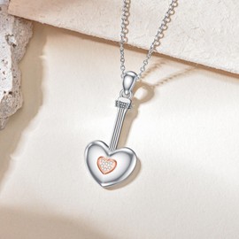 LWXIE Love Guitar Diamond Necklace For Women S925 Sterling Silver Love Guitar Pendant Necklace Jewelry Christmas Gifts for Guitarist or Music Teacher