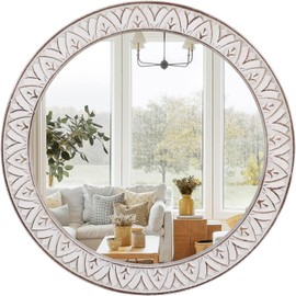 fuxuiwy 20" Round Rustic Mirror Wooden Frame Circle Mirrors, Distressed Wall Mounted Mirror for Bathroom, Bedroom, Living Room, Entryway, Fireplace, Hall