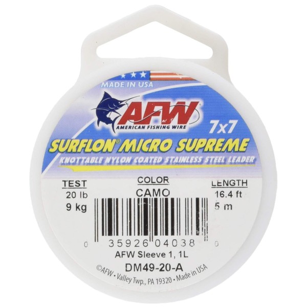 American Fishing Wire Surflon Micro Supreme, Nylon Coated 7x7 Stainless Steel Leader Wire, 40 lb Test, 024" Diameter, Camo, 5 m