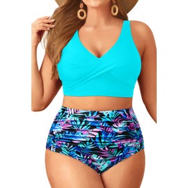 Aqua Eve Women Plus Size Two Piece Swimsuit High Waisted Bikini Set Tummy Control Bathing Suit Green and Leaves 16W