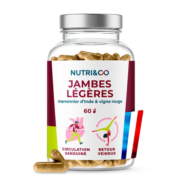 Nutri&Co - Light Legs - Blood Circulation - Grape Seed Extract - Red Horse Chestnut Vine - 60 Vegan Capsules - Light Legs Food Supplement - Made in France