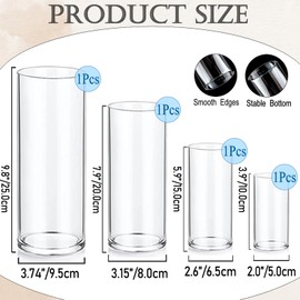 UDU Set of 4 Cylinder Glass Vases and Floating Candles for Centerpiece, 4,6,8,10 Inch Tall Clear Flower Vase Hurricane Floating Candle Holder for Centerpiece Table Wedding Home Decor