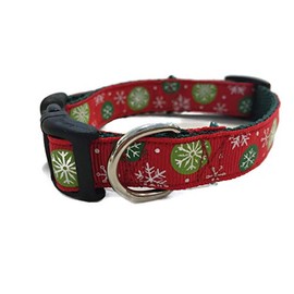 Christmas Dog Collar, Caninedesign, Snowflakes, Red, Green, 1 inch Wide, Adjustable, Nylon, Medium and Large (Red Snowflakes, 5/8" Small 9-13")