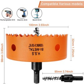 100mm Hole Saw, 3-16/15'' HSS Bi-Metal Hole Cutter with Arbor, Cutting Depth 32 mm, Hole Saw Drill Bit for Cutting Wood, Plywood, Plastic, Drywall, Thin Metal Sheets (with 1 spare drill)