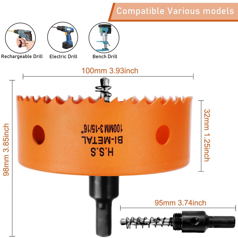 100mm Hole Saw, 3-16/15'' HSS Bi-Metal Hole Cutter with Arbor,
