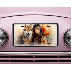 Twisted R Design Native American Girl and Wolf Aluminum Front License Plate Car Accessory Vanity