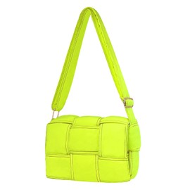 NAARIIAN Women Puffer Cross Body Shoulder Bag Cassette Purse Hand Woven Cotton Padded Light weight Handbag, Fluorescent Yellow, Medium