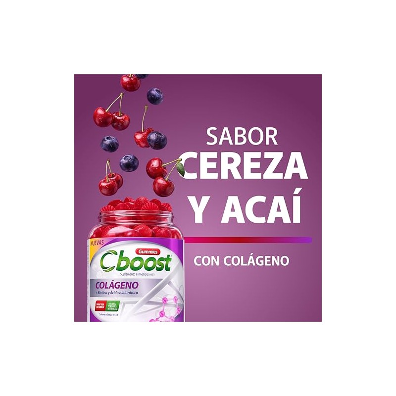 Cboost - Gomitas Colágeno, Biotina y Ácido Hialurónico, Cereza, 90