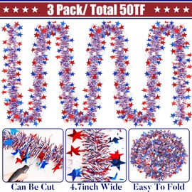 3 Pack 50FT 4th of July Patriotic Tinsel Garland Decoration, Red, White and Blue Tinsel with Star Metallic Glitter Hanging Garland for Memorial Day, Independence Day Indoor and Outdoor Decor