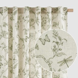 Lazzzy Green Floral Linen Farmhouse Curtains 96 Inches Long Back Tab Drapes for Living Room Bedroom Light Filtering Country Vintage Rod Pocket Curtains,2 Panels, Green on Beige