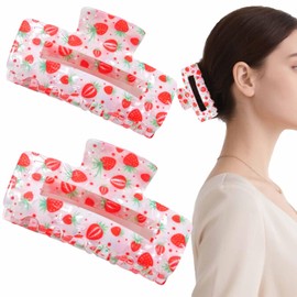 KuuGuu 3 PCS Strawberry Hair Claw Clips Square Strawberry Hair Clips Cute Non Slip Hair Jaw Clip Red Summer Fruit Barrettes Strong Hold Rectangle Hair Accessories for Women Girls Hairstyle Decoration