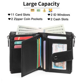 GOIACII Men's Leather Wallet RFID Protection Multifunctional Buckle Zippers Wallet Men with 2 Coin Compartments, 14 Card Case, 1 ID Window, 2 Note Compartments Wallet, black, Classic