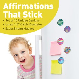 S&O Set of 15 Inspirational Magnets for Fridge - 1.5" Decorative Pins for Refrigerator - Cute Clips for Office - Motivational Buttons - Affirmation Emblems - Locker Charms for Boys & Girls
