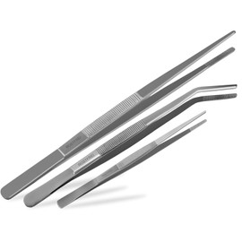 Professional Barbecue Tongs Set Cooking Tongs Set of 3 Small Medium Long Stainless Steel Kitchen Tool Roasting Tongs Straight and Curved Precise Tips with Internal Teeth