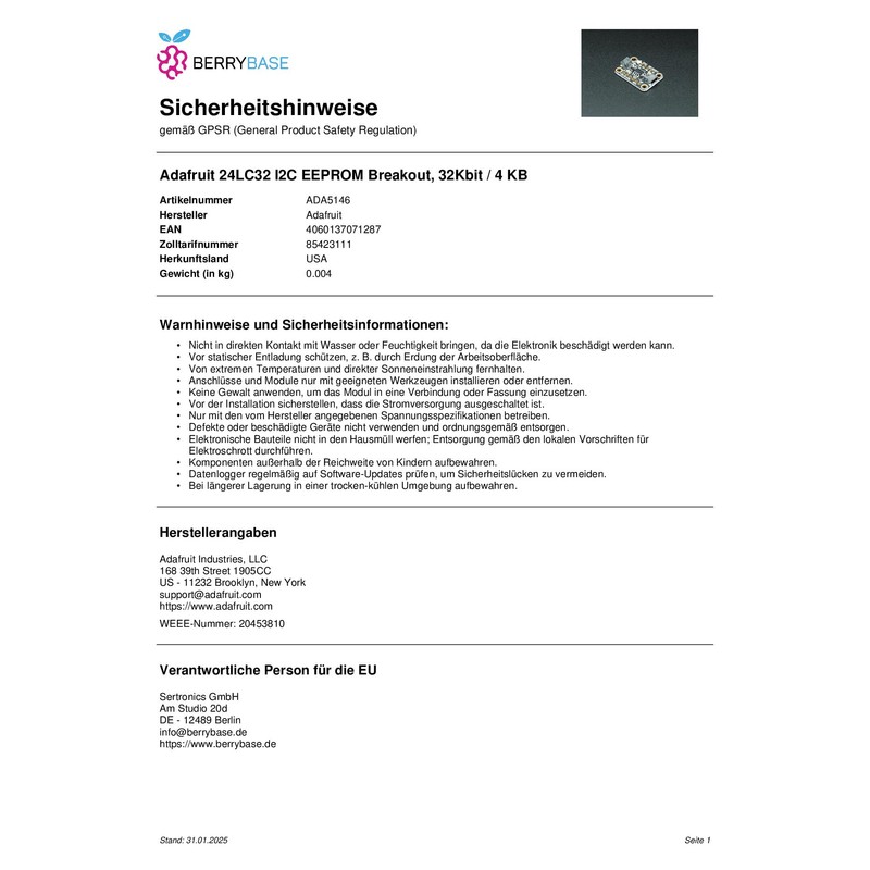 Adafruit 24LC32 I2C EEPROM Breakout - 32Kbit / 4KB -