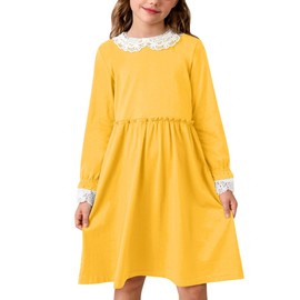 BesserBay Little Girls Peter Pan Collar Elastic Lace Cuffs Long Sleeve Yellow Flare Midi Dress 4 Years