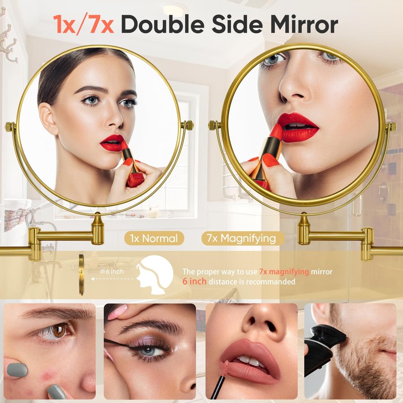 GURUN 8" Wall Mounted Makeup Mirror with 7X Magnification,Two-Sided Swivel