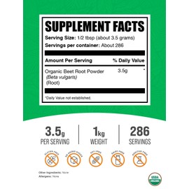 BulkSupplements.com Organic Beet Root Powder - Superfood Supplement, Beet Root Supplements - Vegan & Gluten Free, 3.5g per Serving, 1kg (2.2 lbs) (Pack of 1)