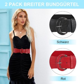 JasGood Pack of 2 Women's Wide Elastic Waist Belt Vintage Belt Waist Belt for Women Dresses, black/red