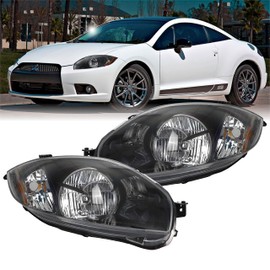 DEPO UPGRADE Black Replacement Front Headlights (Left + Right) Compatible with 2006-2012 Mitsubishi Eclipse HALOGEN GS GT SE Spyder Hatchback Coupe (Black Housing, Plug and Play, 2 PC Set)
