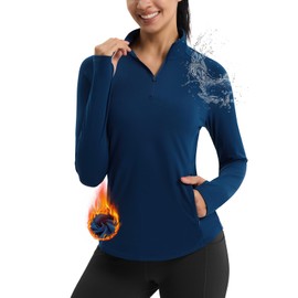 Emlovm Women's Fleece Quarter Zip Pullover Water Resistant Half Zip Winter Jacket Thermal Running Golf Gear w Pockets Blue S