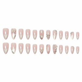MISUD Almond Press on Nails Medium Fake Nails Glossy Glue on Nails Bling Cat Eye Acrylic Nail Supplies Stiletto Artificial Nail Art Butterfly Rhinestone Stick on False Nails with Design DIY 24 pcs