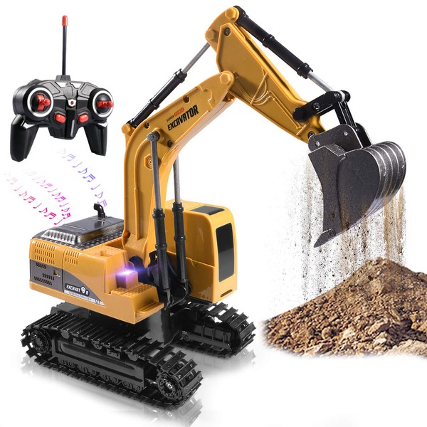 Onadrive Remote Control Excavator Toy, RC Excavator Toys Truck with Metal Shovel Lights Sounds Rechargable Engineering Sand Digger Construction Vehicle Toy Gift for Boys Girls Kids & Children