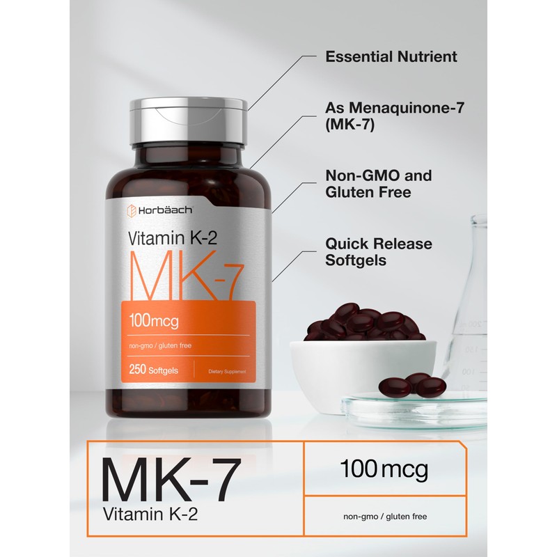 Horbäach Vitamin K2 MK7 100mcg | 250 Softgels | Non-GMO,