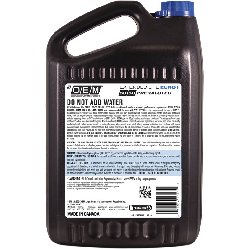 Recochem OEM European Vehicles Premium Antifreeze 50/50 Extended Life Coolant