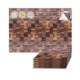 Acepunch 6 Handcrafted Wooden Mosaic Panels Adhesive Peel and Stick Tile Wall Renovation Durable Mural Pattern Decal Walnut Dark Brown Mosaic 12x12in AP1363