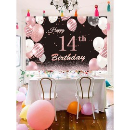 14th Birthday Backdrop Banner, Happy 14th Birthday Banner Photography Background Girls, 14th Birthday Decorations for her, 14 Years Old Girls Birthday Party Backdrop Poster Fabric 6x4ft(Rosegold)