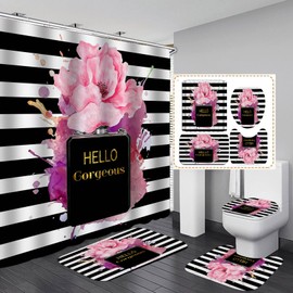 OLEBETY 4PCS Gold Glitter Hello Gorgeous Shower Curtain Set, Watercolor Pink Floral Black and White Striped Perfume Makeup Modern Fashion Women Bathroom Decor, Non-Slip Bath Mat Toilet Rug, Hibiscus