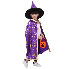 Moerstar Halloween Cosplay Witch 3-Piece Set, Children's Costume, Cape, Hat, Pumpkin Bag, Unisex, Kids Costume, Halloween, Christmas, Parties, Events (Purple)