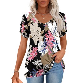 CATHY 2025 Ladies Tops Summer Casual Tunic Short Sleeve V-Neck Shirts Elastic Beach Blouse Fl Leaf Pink Large