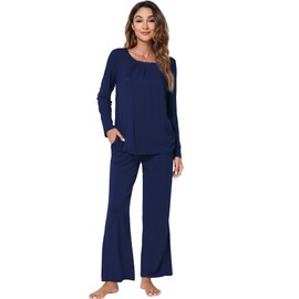 WiWi Womens Viscose from Bamboo Pajamas Set Soft Long Sleeve Sleepwear with Pockets Tops and Pants Lounge Pjs S-XXL, Navy, X-Large