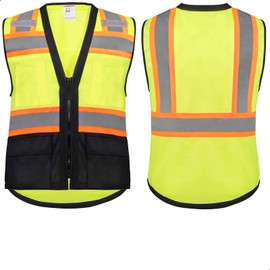 ProtectX 6 Pockets High Visibility Zipper Front Safety Vest with Reflective Strips, ANSI/ISEA Certified Class 2, Neon Green - Solid Fabric, X-Large