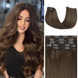 Honsoo Brown Real Human Hair Clip In Hair Extensions Medium Brown 70g 7pcs 15in Silky Straight Double Weft No Shedding Hair For Full Head