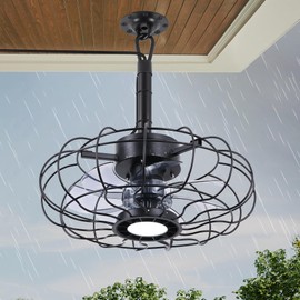 COCOSTAR 15" Outdoor Ceiling Fans with Lights and Remote Control, Waterproof Caged Ceiling Fan with 3 Color LED Light, Portable Hanging Gazebo Fan with Plug in Cord Hook for Patios, Black