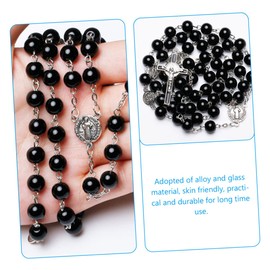 COLLBATH Luxurious Black Glass Rosary Necklace Catholic Cross Pendant Necklace for Women's Fashion