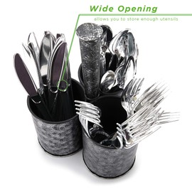 Mind Reader Utensil Caddy [3 Round Compartment] Metal Rustic Flatware Organizer, Silverware Storage, Cooking Utensils Holder for Kitchen, Restaurants, Outdoor, Picnics, and Camping (BLACK PRINT)